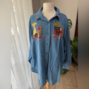 Karen Scott II Denim Shirt 3X Embroidered Cats Pumpkins Fall Harvest Button Down